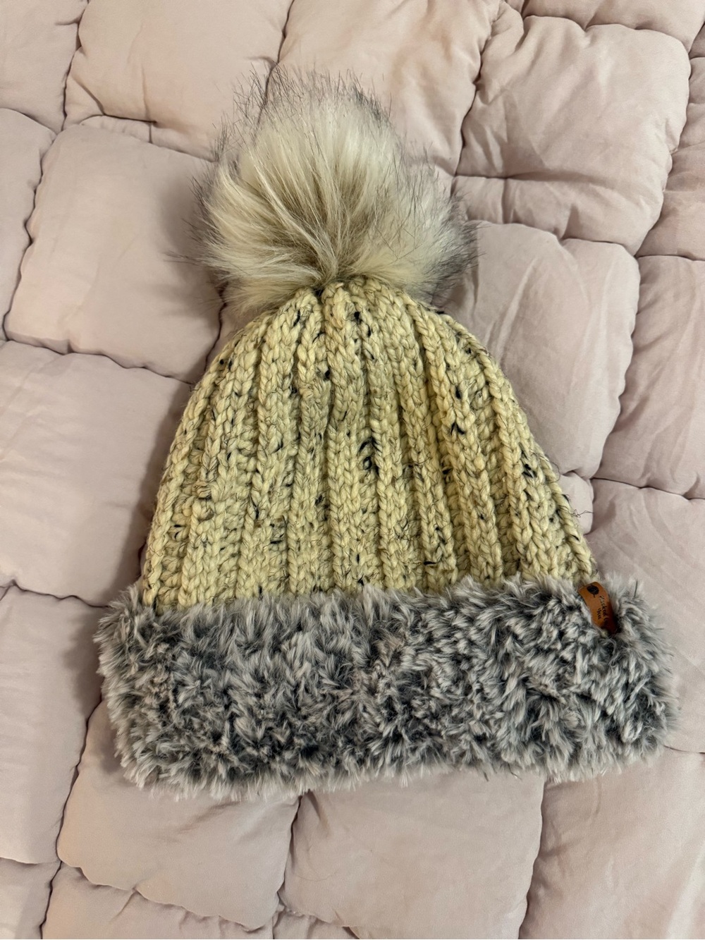 Chunky Knit Pom Beanie with Faux Fur Cuff in Cream
